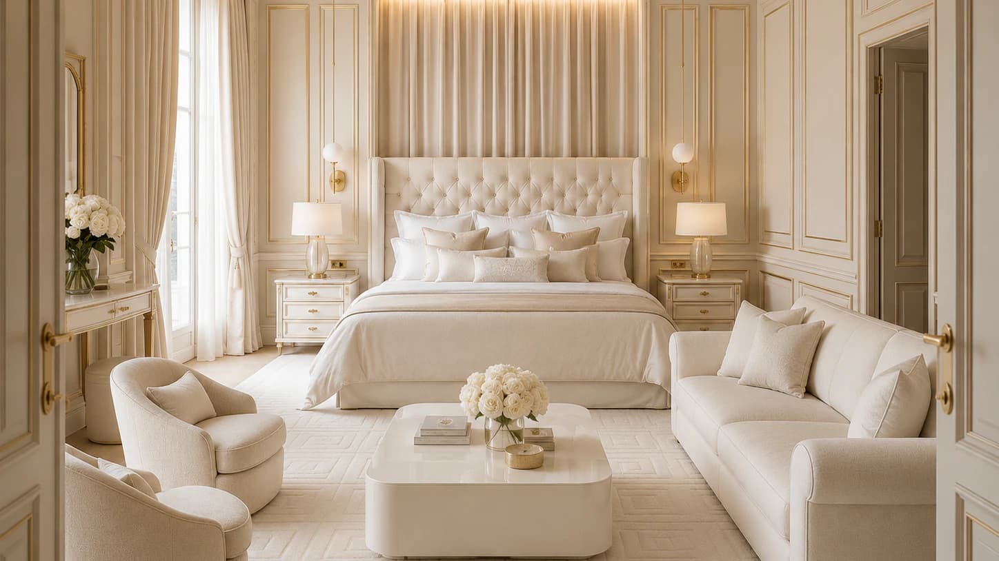 Suite parisienne réunissant lit habillé, canapé, fauteuils et grand tapis dans une même pièce.