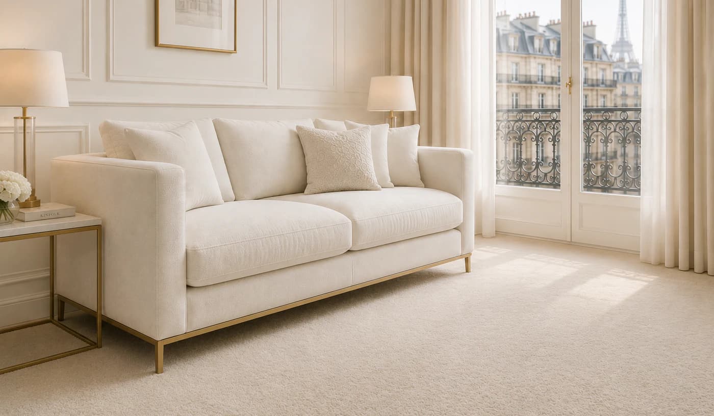 Canapé blanc cassé dans un salon clair aux moulures parisiennes.