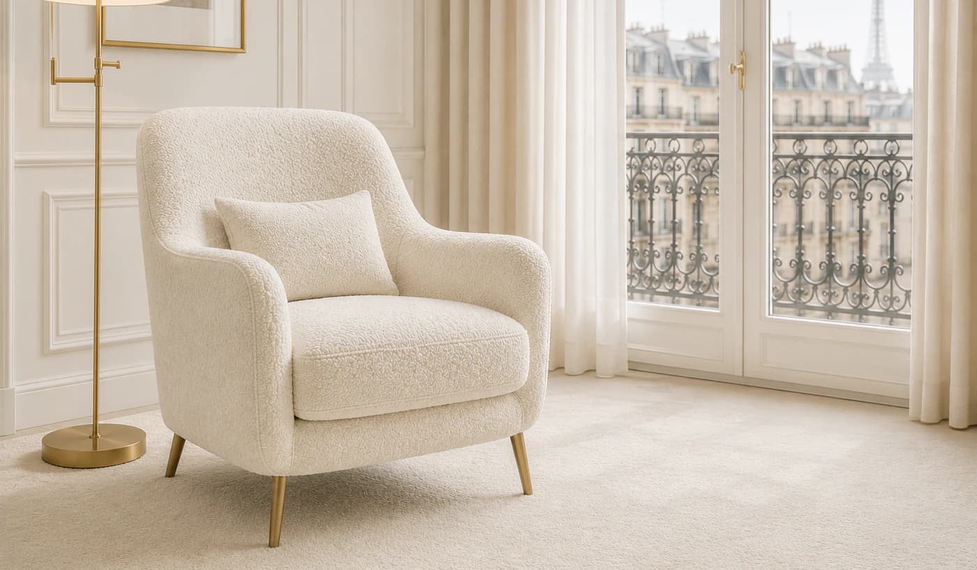 Fauteuil crème en tissu bouclé près d’une fenêtre donnant sur Paris.