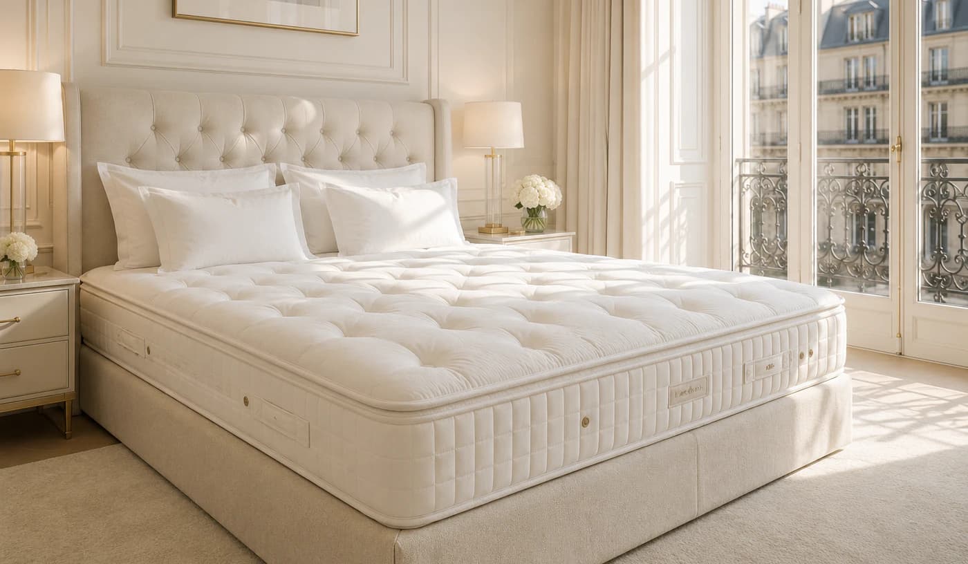 Matelas capitonné d’une chambre parisienne, oreillers dressés contre une tête de lit crème, fenêtre ouverte sur les toits.