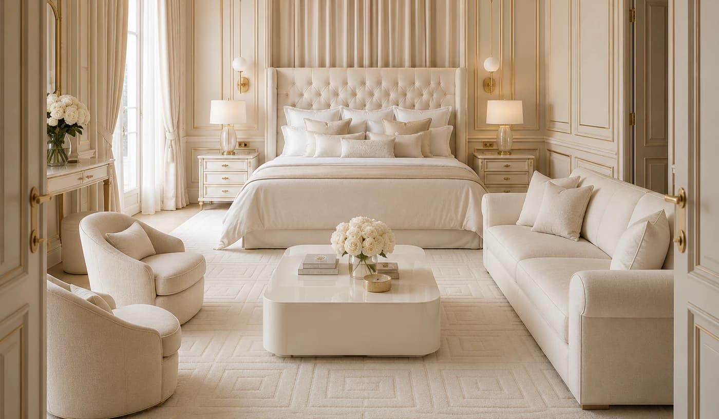 Grand tapis à motifs géométriques dans le salon d’une suite, entouré de fauteuils et d’une table basse laquée.